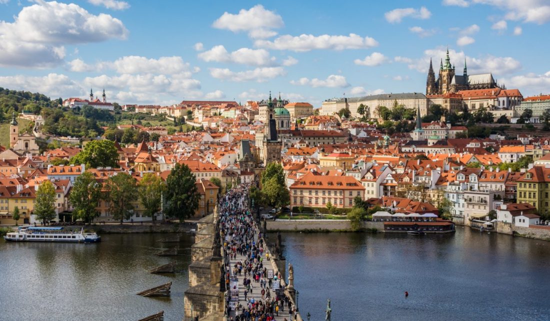 Views of Malat Strana, the Charles Bridge, and Prague Castle from the top of the bridge tower