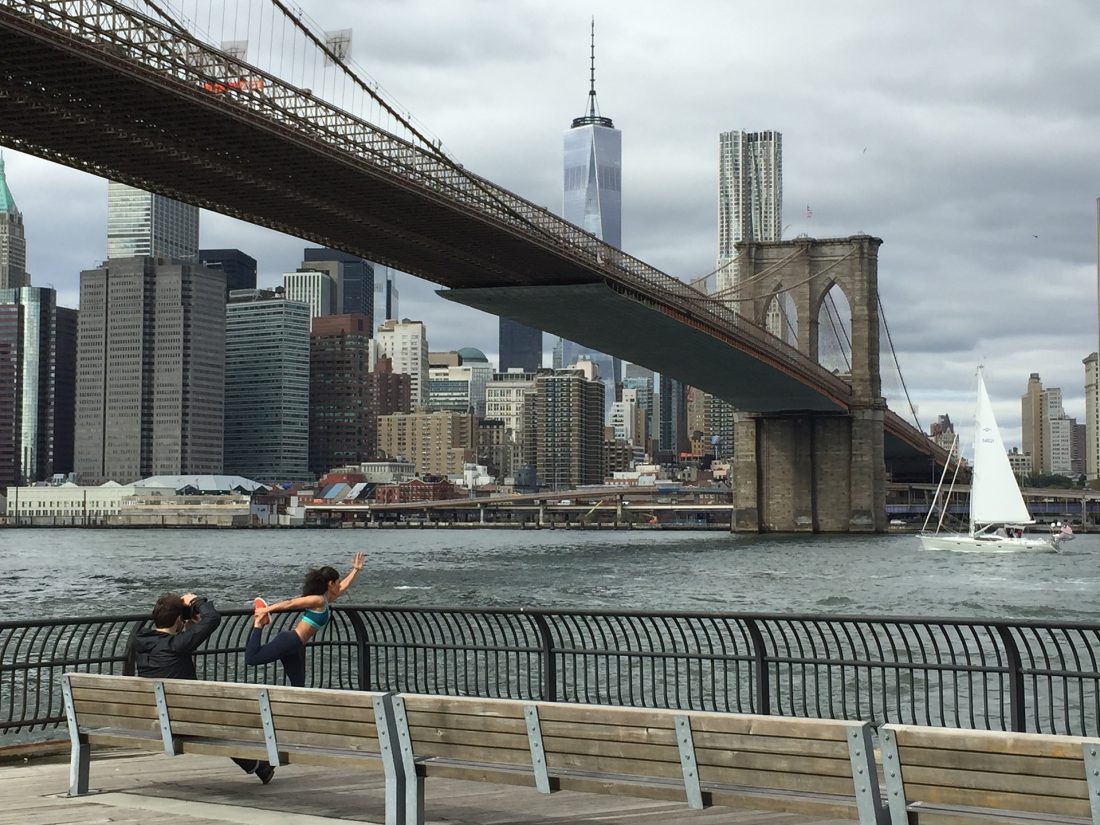 view of the Brooklyn Bridge and Lower Manhattan from Brooklyn Bridge Park NYC