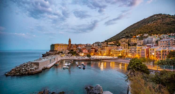 View of Nervi in Genoa, Italy, at sunset.